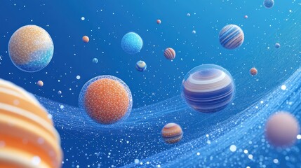 Poster - abstract colorful planets floating in a blue space with glowing network.