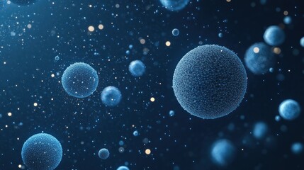 Poster - abstract microscopic view of cells floating in a dark blue space, illuminated by particles.