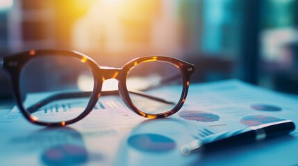 Poster - Eyeglasses rest on financial charts and pen; sunlight.