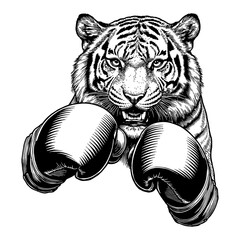 Wall Mural - tiger wearing boxing gloves punching and looking at camera bust shot black and white outline line ar