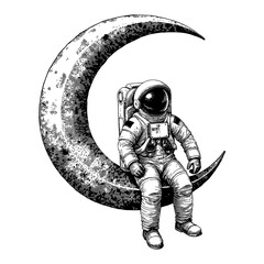 Astronaut Sitting on a Crescent Moon Black and White Outline Line Art Drawing Vintage Engraving Etching Illustration