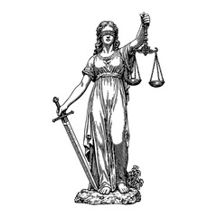 Wall Mural - lady justice in a frontal pose blindfolded scales sword black and white outline line art drawing