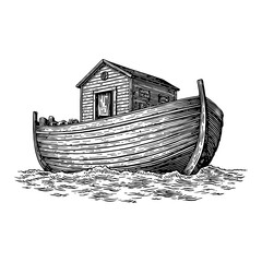Wall Mural - noahs ark only no people black and white outline line art drawing engraving vintage woodcut illustra