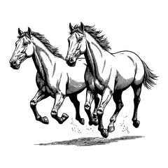 Wall Mural - dynamic two horses running powerfully side by side in black and white outline line art drawing illus