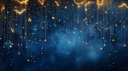 Poster - Golden stars and lightning streaks cascading on a dark blue nebula background.