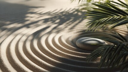 Poster - Gentle ripples form in fine sand as sunlight filters through lush green leaves, creating a peaceful atmosphere for meditation and reflection in a Zen garden