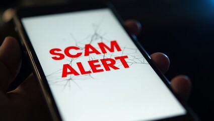 Aufkleber - A close-up of a hand holding a smartphone displaying a 'SCAM ALERT' message in bold red letters.