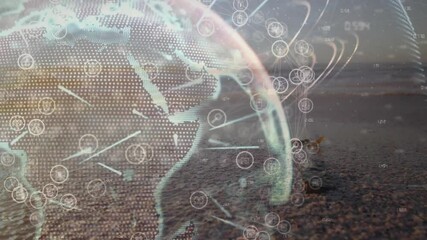 Poster - transparent digital globe being visualized on sandy beach, showing network icons and numeric data