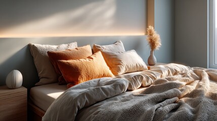 Fototapete - Soft, warm hues fill the cozy bedroom as the AI mood lighting gently illuminates the inviting space. Plush pillows and a textured blanket enhance the tranquil vibe, perfect for unwinding