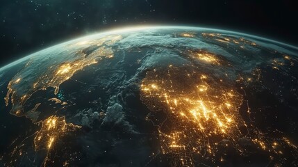 Wall Mural - earth at night, showing city lights and cloud cover from space.