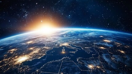 Wall Mural - sunrise over earth, showing europe and africa from space.