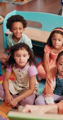 Aufkleber - Education, book and question with kids in classroom for child development, learning and reading. Academy, knowledge and future with students at school for study, literacy lesson and hands raised