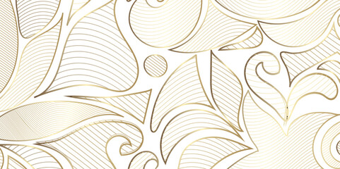 Poster - Abstract Vector line gold ornament fancy nature elegant vintage background. Hand drawn wavy branches and leaves on white background design for decoration, wallpaper, cover, banner, poster card etc.