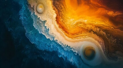 Poster - Abstract swirling blue and orange paint texture, resembling a cosmic nebula or planetary surface.