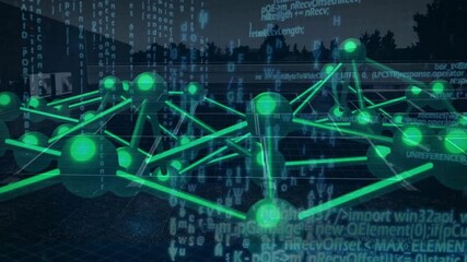 Fototapete - Neon green network being rendered in 3D grid, with code streams overlaying mesh