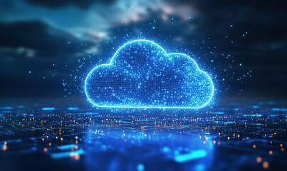 Poster - Digital cloud computing concept with glowing blue particles and circuit background.