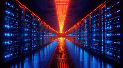 Poster - Futuristic data center corridor illuminated with blue and orange lights.