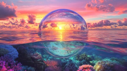 Wall Mural - crystal bubble floats on ocean surface, reflecting sunset & underwater coral reef.