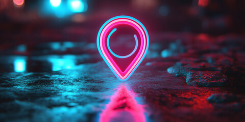 Poster - Neon location pin glowing on wet surface at night with vibrant colors.