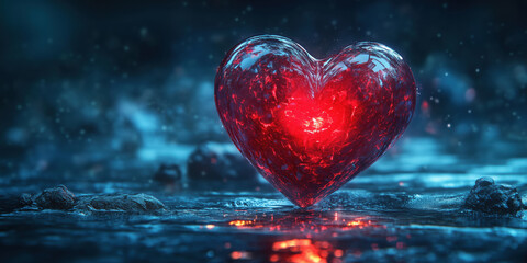 Poster - Glowing Red Heart Shaped Gemstone on Dark Wet Surface with Sparkling Effects.