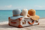 A beach vacation setting with sun hats and a suitcase by the ocean view, isolated on a diffrent collers background, symbolizing leisure and travel.