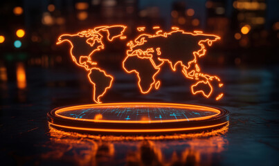 Poster - Glowing world map hologram on digital platform with urban background at night.