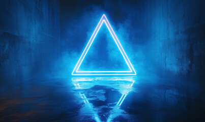 Poster - Neon blue triangle glowing in dark corridor with reflective floor and fog effects.
