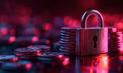 Poster - Secure padlock on stack of coins representing financial security and investment protection.