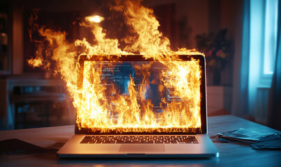 Laptop on fire with burning screen displaying code in dramatic indoor setting.
