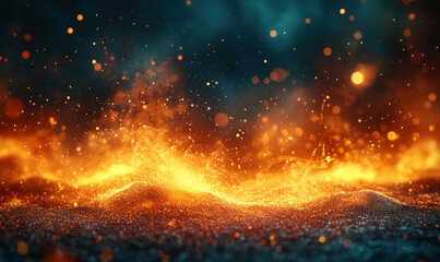 Poster - Fiery abstract background with glowing orange and blue particles and waves.