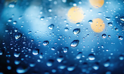 Poster - Close-up of water droplets on glass with blurred lights in background.