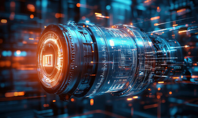 Poster - Futuristic camera lens design with glowing digital elements and high-tech background.
