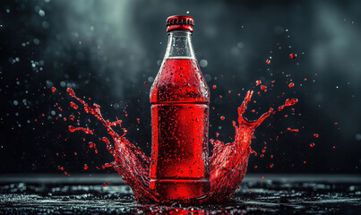 Poster - Vibrant red beverage bottle splashing water droplets in dramatic lighting.