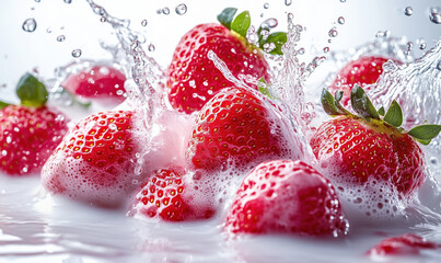 Poster - Fresh strawberries splashing in water creating dynamic and vibrant visual effect.
