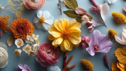 Poster - A stunning array of flowers is artfully arranged on a soft blue surface, displaying an explosion of colors and textures that evoke a sense of tranquility and beauty