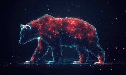 Poster - Digital bear silhouette with glowing lines and particles in dark background.