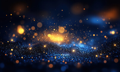 Poster - Abstract blue and orange bokeh background with sparkling particles and light effects.