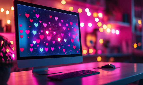 Colorful heart graphics on computer screen in cozy, illuminated workspace.