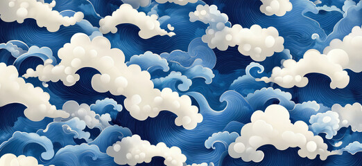 Poster - stylized blue ocean waves and fluffy clouds in intricate swirling patterns.