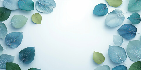 Poster - Elegant arrangement of blue and green leaves on soft background for nature-themed designs.