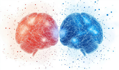 Poster - Red and blue brain illustration representing neural connections and cognitive processes.