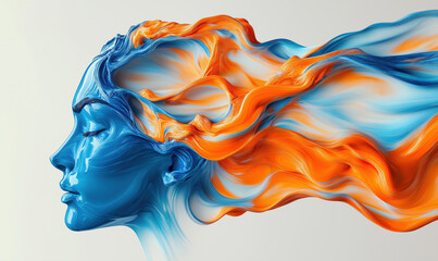Poster - vibrant abstract portrait of a woman with flowing blue and orange hair.