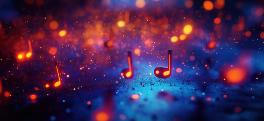 Poster - Colorful musical notes glowing in vibrant abstract background with sparkling effects.