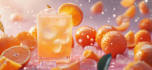 Poster - Refreshing orange cocktail with ice surrounded by fresh oranges and ice cubes.