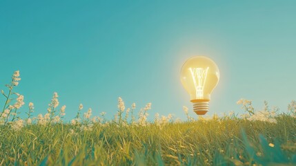 Wall Mural - glowing lightbulb in a field of wildflowers under a clear blue sky.