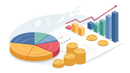 Aufkleber - Colorful financial illustration featuring pie chart, bar graph, stacked coins, and rising arrow symbolizing growth and success. design conveys economic analysis, investment, and profit