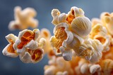 A close-up of buttery popcorn kernels, isolated on a diffrent collers background, symbolizing the perfect snack for movie time.