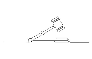 Leinwandbilder - Judge hammer one continuous single line art drawing, of gavel judge law wooden hammer court justice lawyer one line vector illustration.