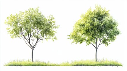 Wall Mural - two lush green trees with grass isolated on white background.