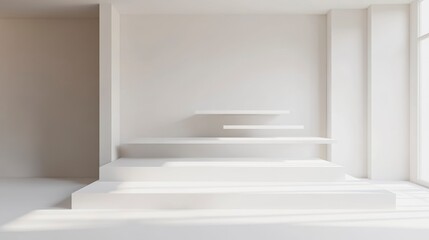 Wall Mural - Minimalist white room interior with empty shelves and platform.
